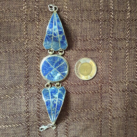 7'' Rare  Bold Vintage Afghan Lapis Lazuli Inlay Silver Tone Bracelet - Picture 5 of 11